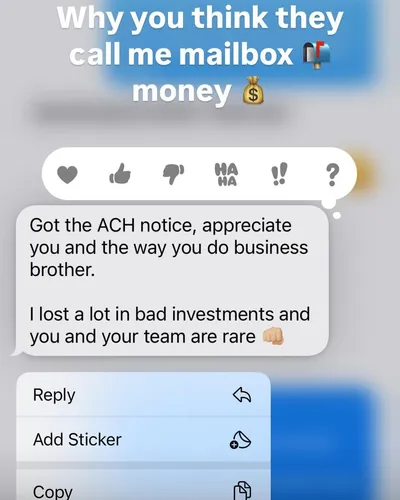 Investor message: Got the ACH notice, appreciate you and the way you do business